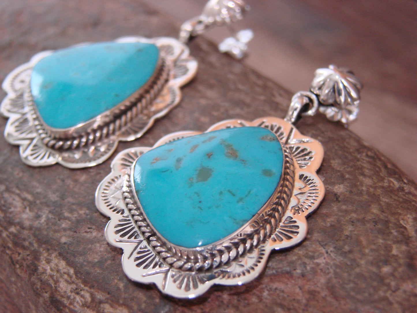 Native American Sterling Silver & Turquoise Post Dangle Earrings - Smith