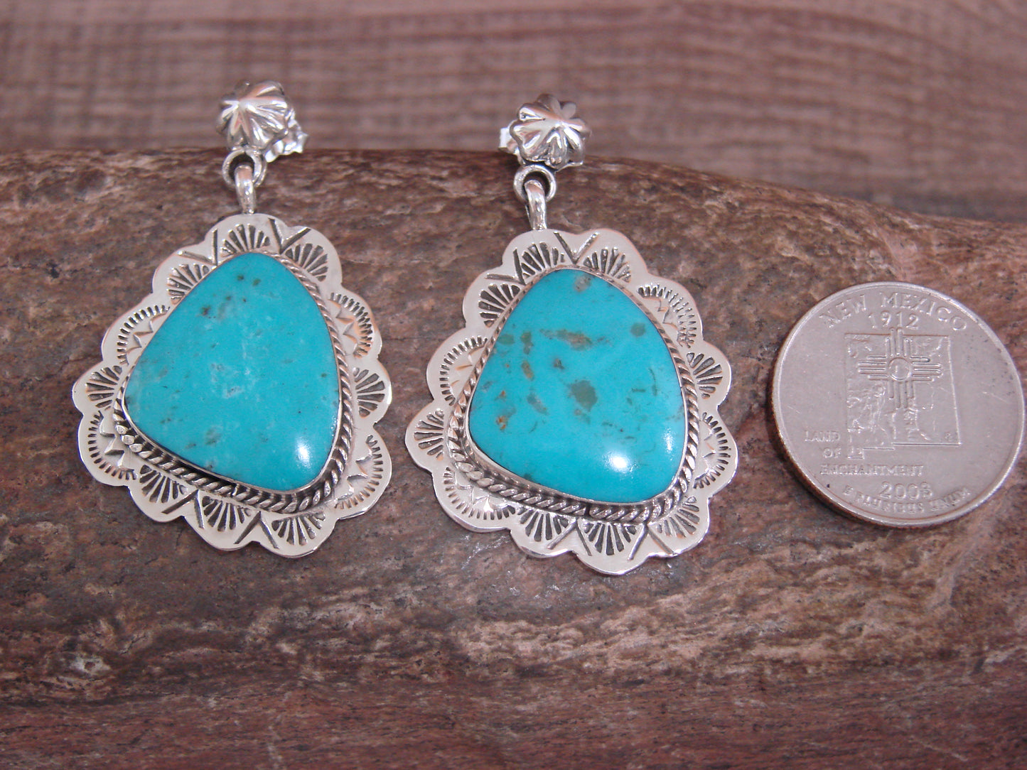 Native American Sterling Silver & Turquoise Post Dangle Earrings - Smith