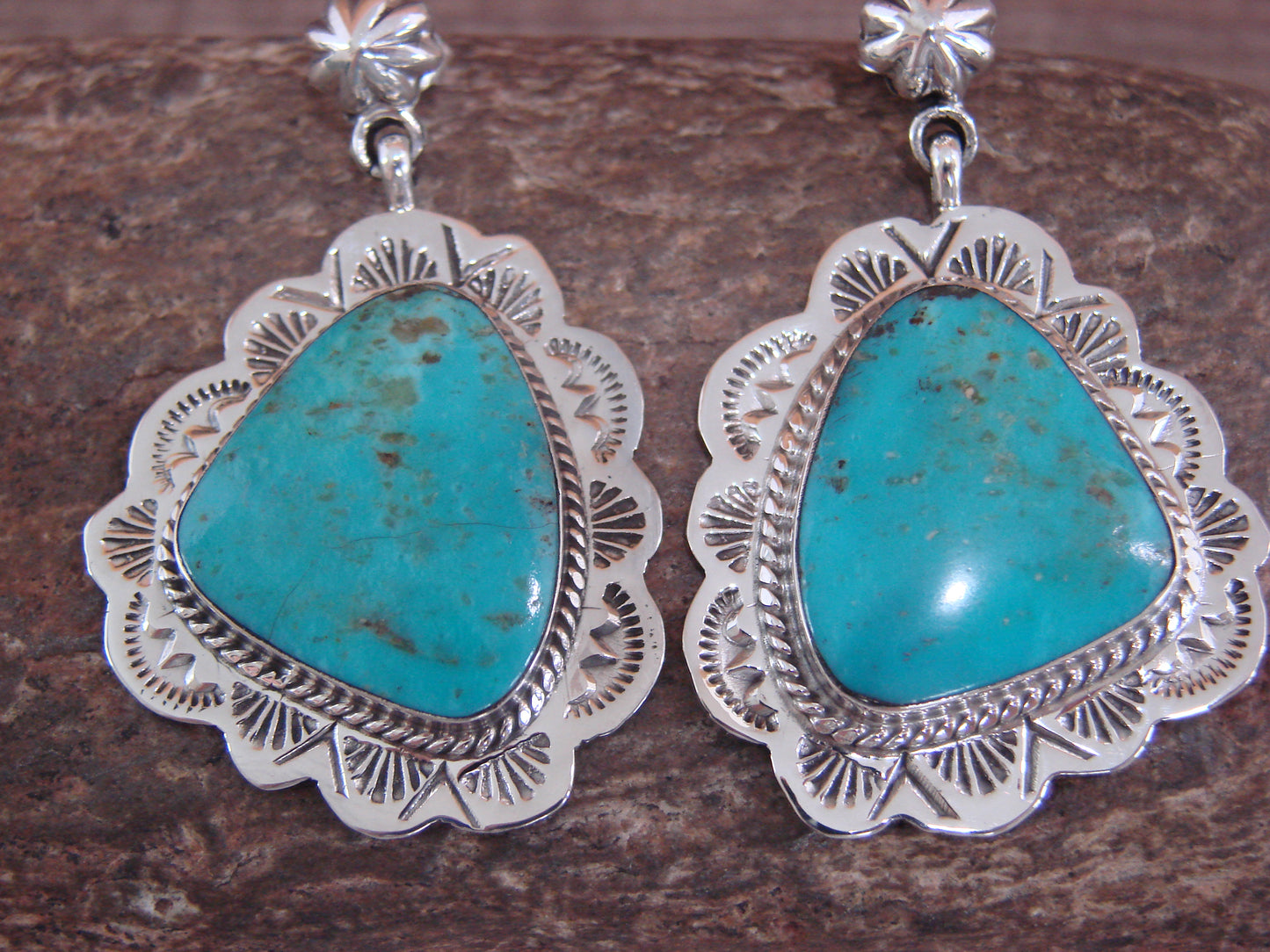 Native American Sterling Silver & Turquoise Post Dangle Earrings - Smith
