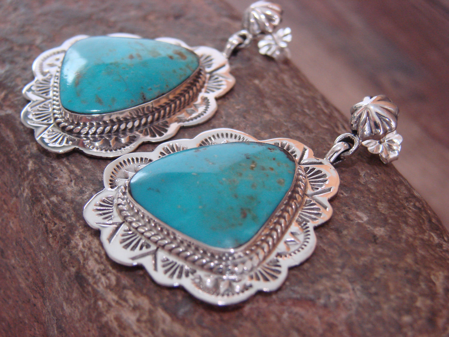 Native American Sterling Silver & Turquoise Post Dangle Earrings - Smith