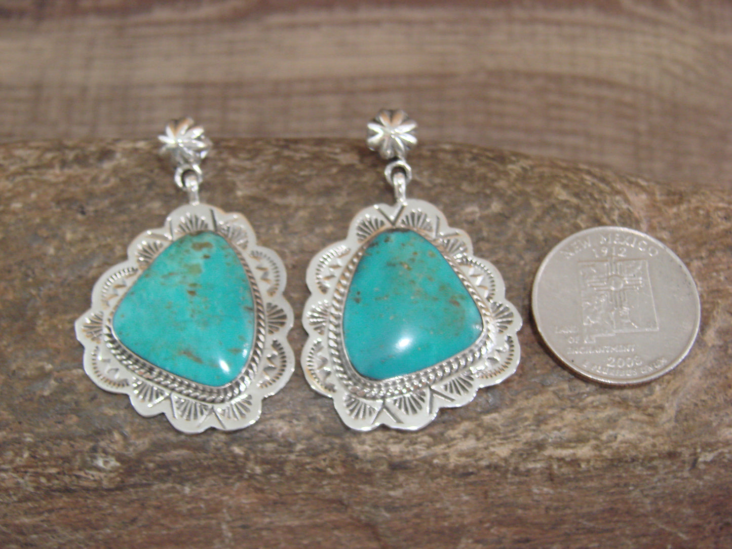 Native American Sterling Silver & Turquoise Post Dangle Earrings - Smith