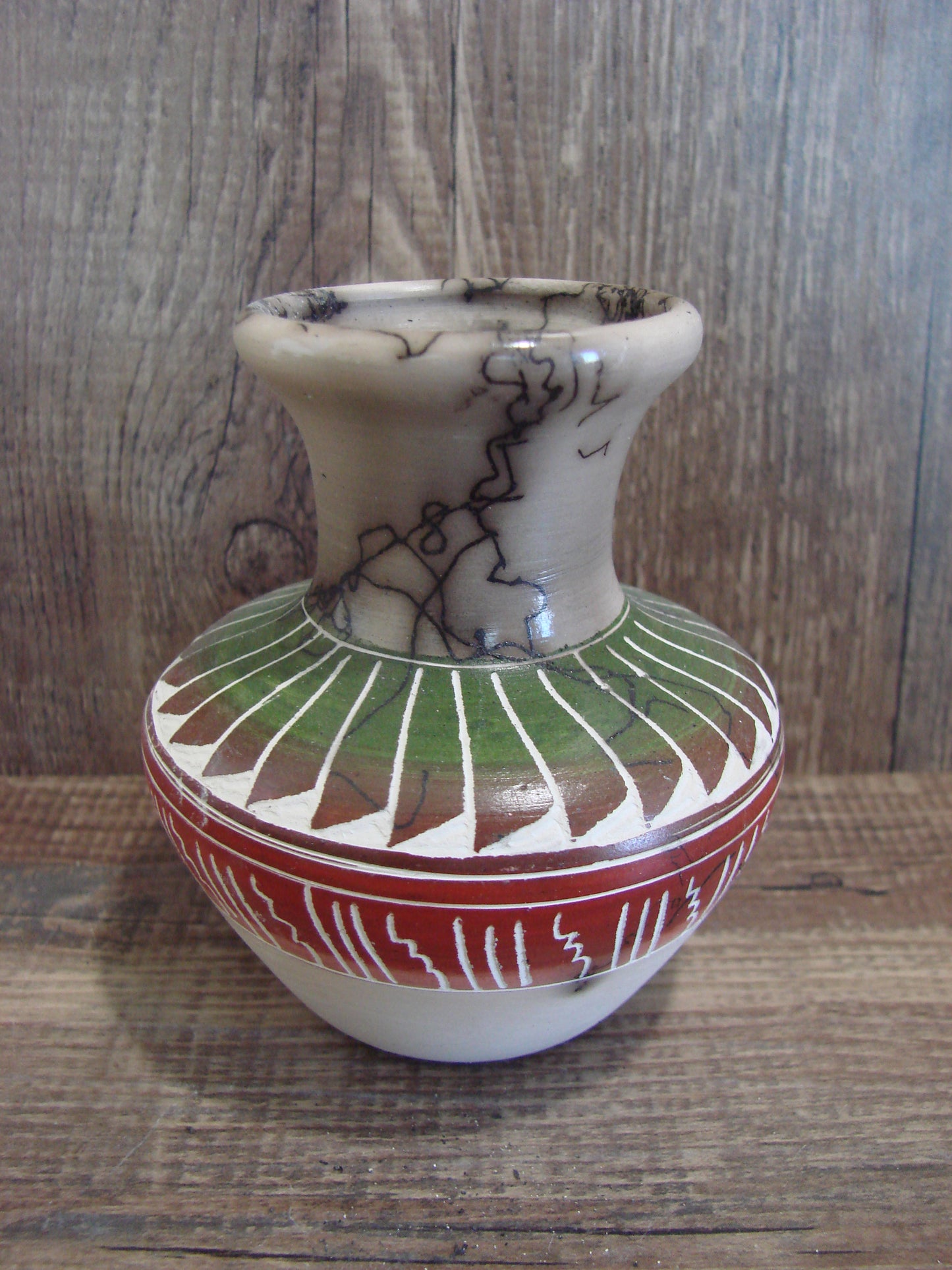 Small Native American Hand Etched Horse Hair Pottery - Benally