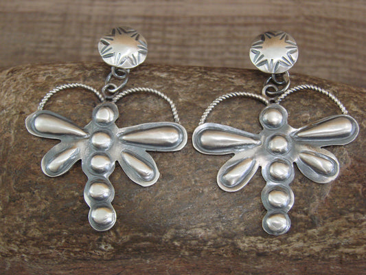 Native American  Sterling Silver Dragonfly Post Dangle Earrings by Yazzie