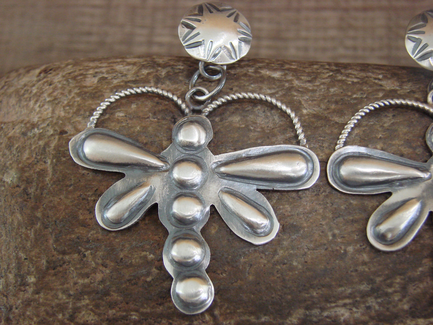 Native American  Sterling Silver Dragonfly Post Dangle Earrings by Yazzie