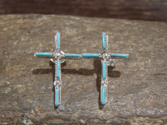 Zuni Indian Sterling Silver Turquoise Cross Post Earrings - Leekity