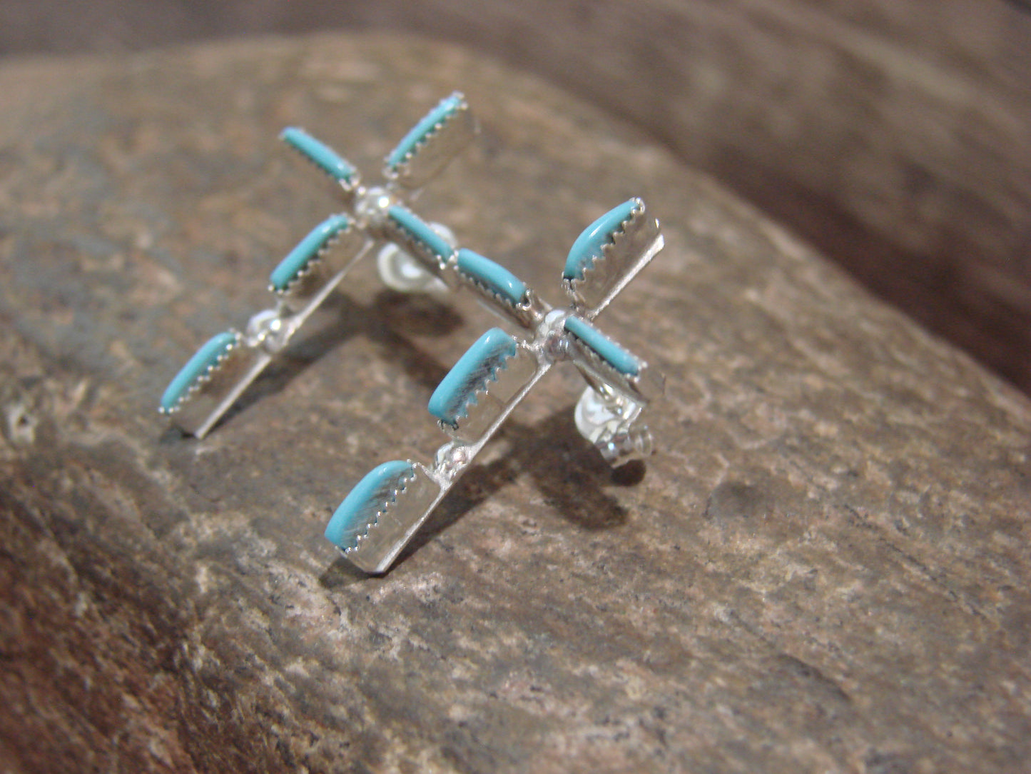 Zuni Indian Sterling Silver Turquoise Cross Post Earrings - Leekity