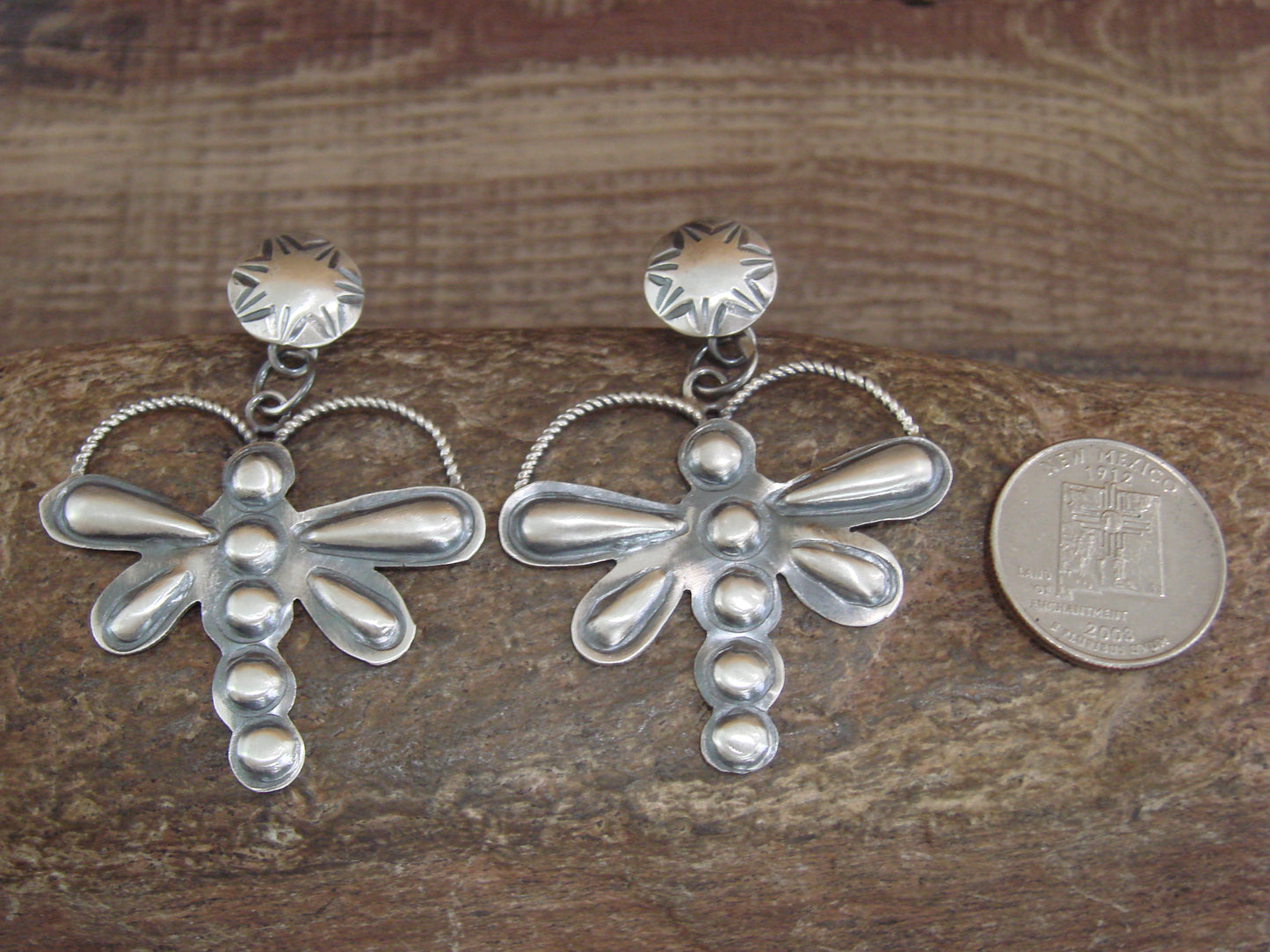 Native American  Sterling Silver Dragonfly Post Dangle Earrings by Yazzie