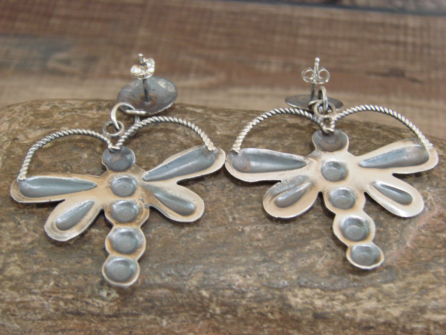 Native American  Sterling Silver Dragonfly Post Dangle Earrings by Yazzie