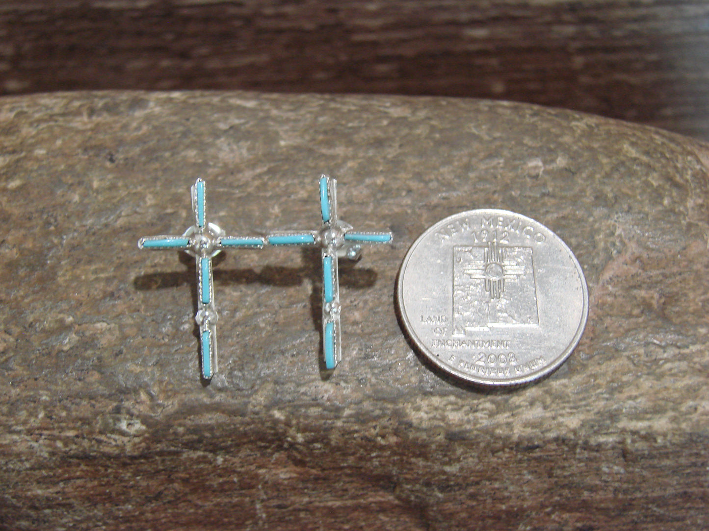 Zuni Indian Sterling Silver Turquoise Cross Post Earrings - Leekity