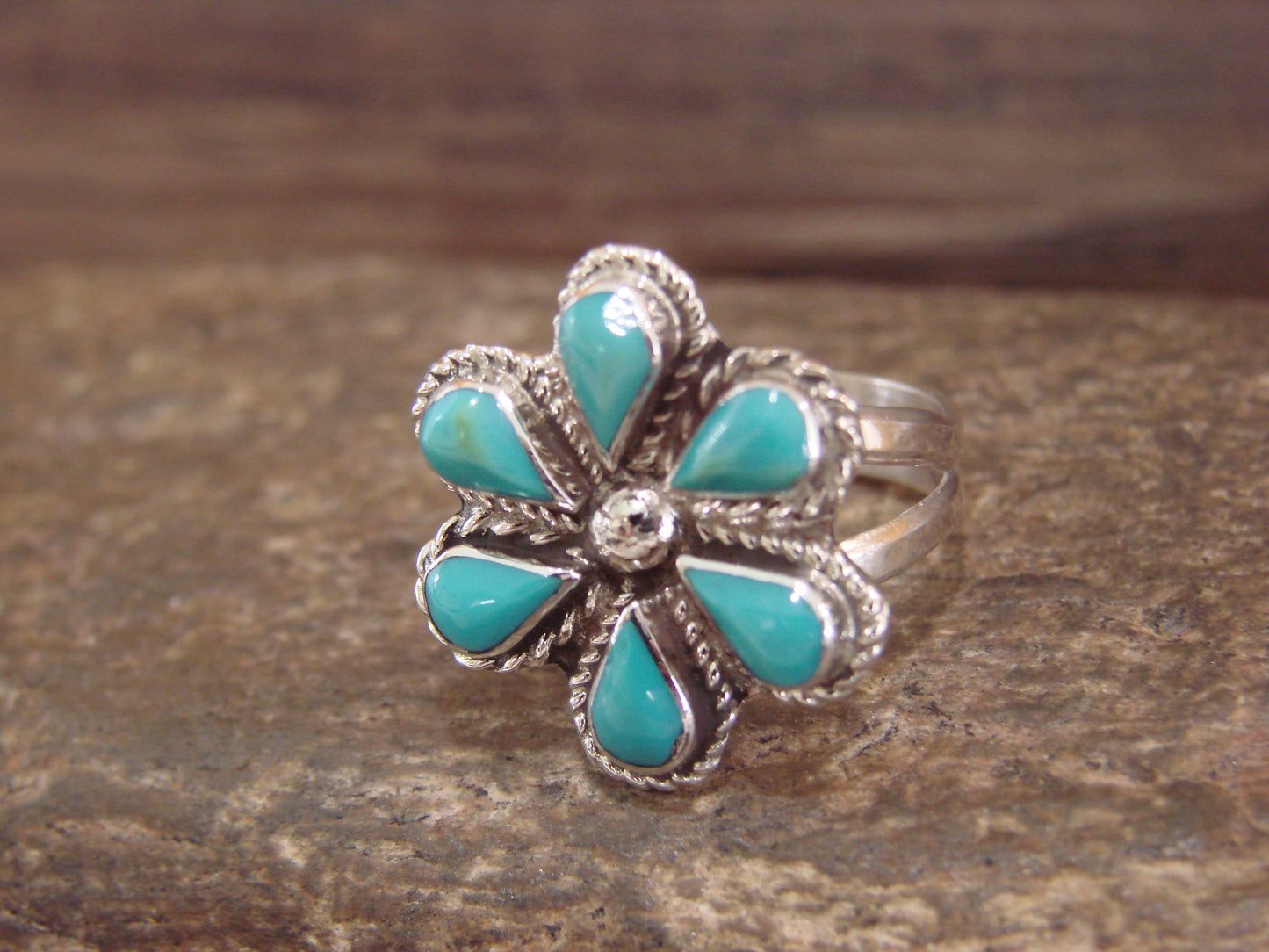 Native American Sterling Silver & Turquoise Inlay Cluster Ring - Dosedo - Size 7