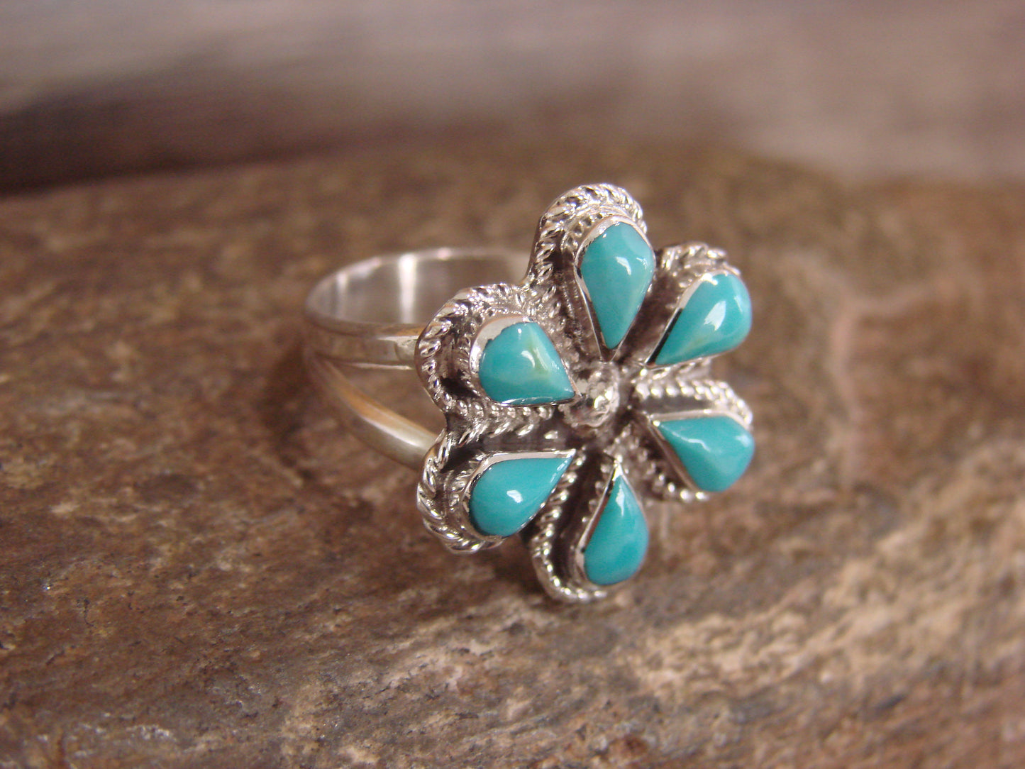 Native American Sterling Silver & Turquoise Inlay Cluster Ring - Dosedo - Size 7
