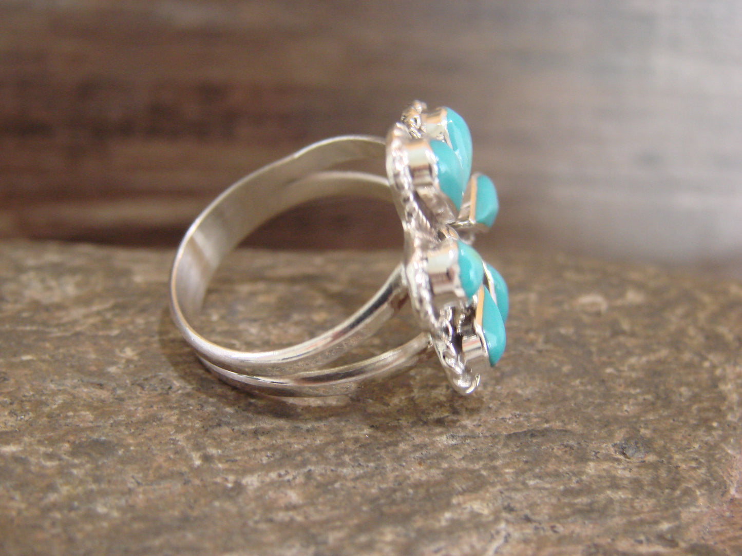 Native American Sterling Silver & Turquoise Inlay Cluster Ring - Dosedo - Size 7