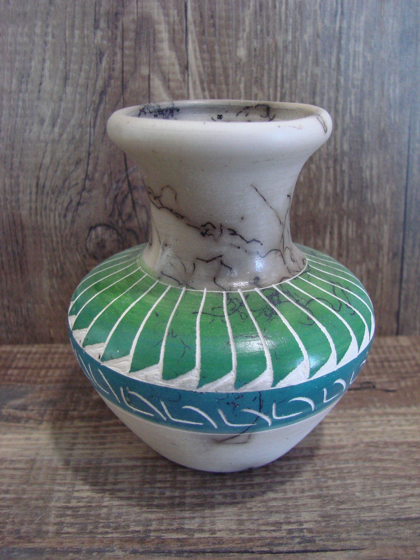 Small Native American Hand Etched Horse Hair Pottery - Benally