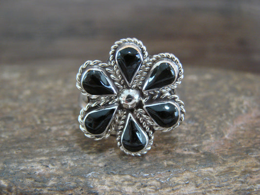 Native American Sterling Silver & Onyx Inlay Cluster Ring - Dosedo - Size 6.5