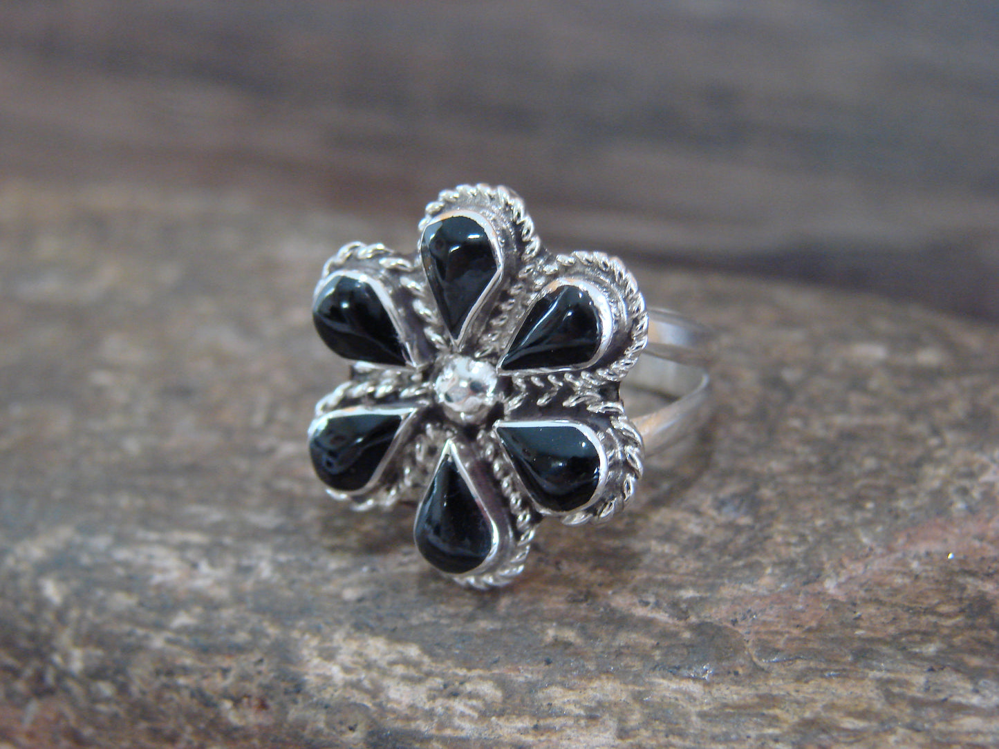 Native American Sterling Silver & Onyx Inlay Cluster Ring - Dosedo - Size 6.5