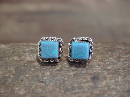 Zuni Indian Sterling Silver Square Blue Opal Post Earrings by Leander Cachini