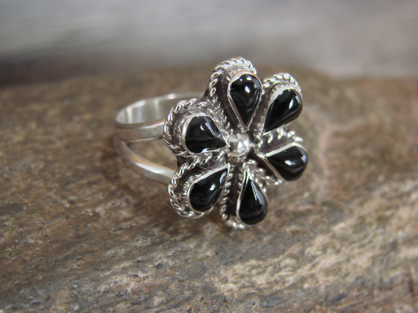 Native American Sterling Silver & Onyx Inlay Cluster Ring - Dosedo - Size 6.5