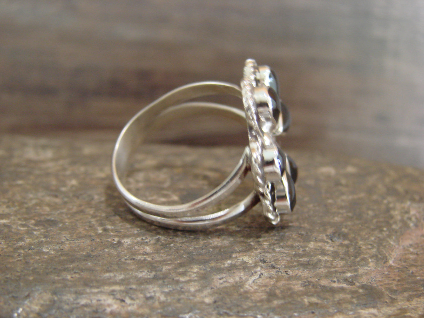 Native American Sterling Silver & Onyx Inlay Cluster Ring - Dosedo - Size 6.5