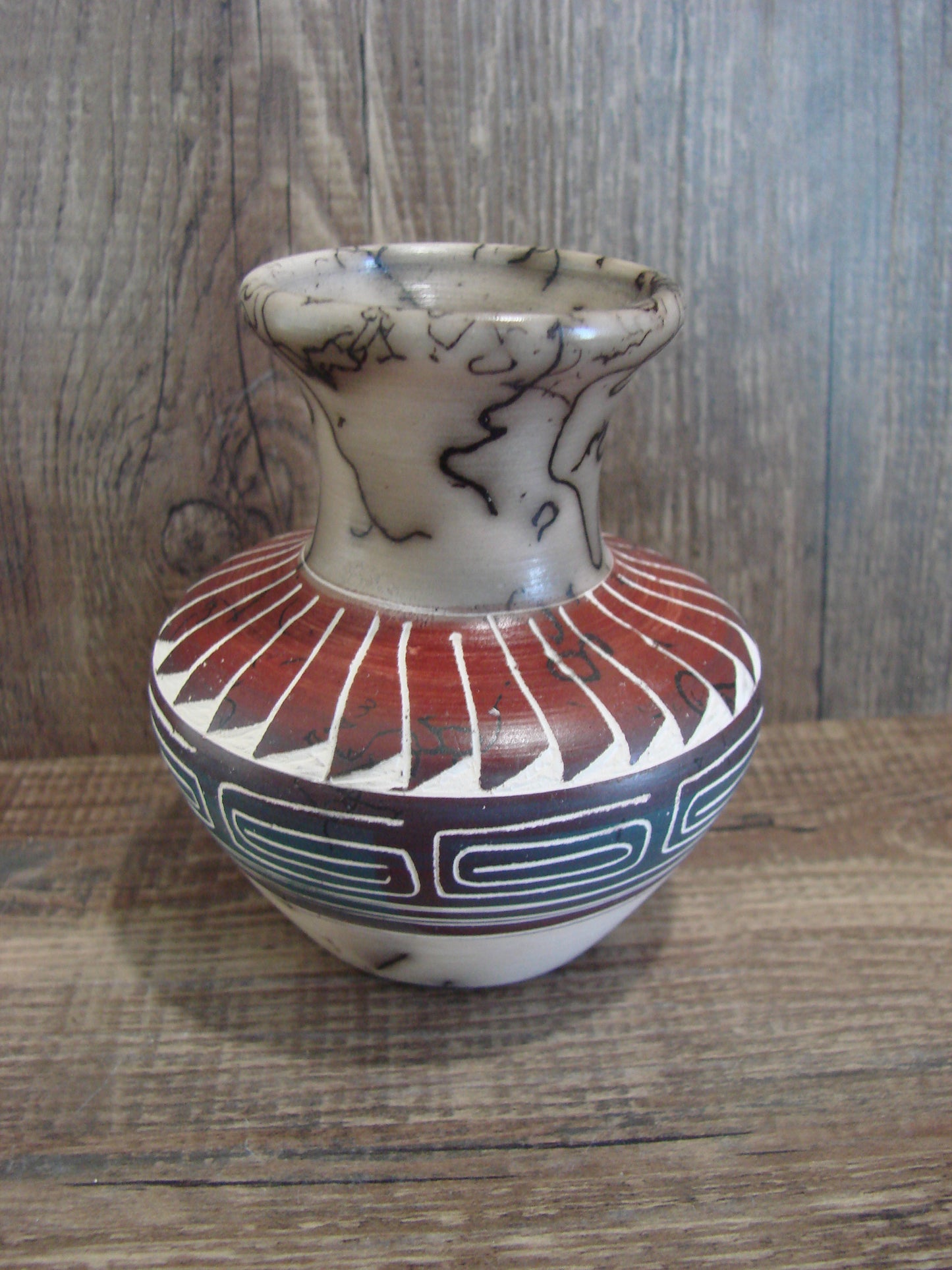 Small Native American Hand Etched Horse Hair Pottery - Benally