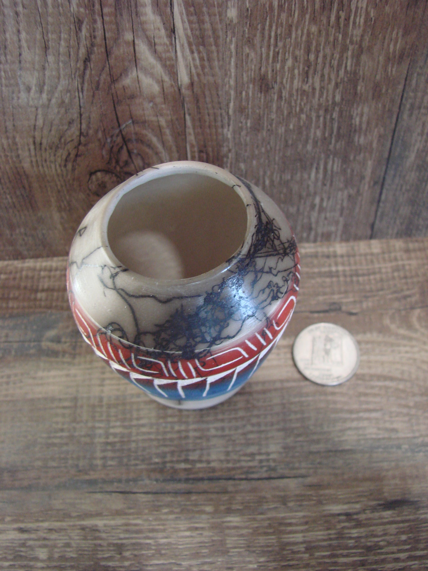 Small Native American Hand Etched Horse Hair Pottery - Benally