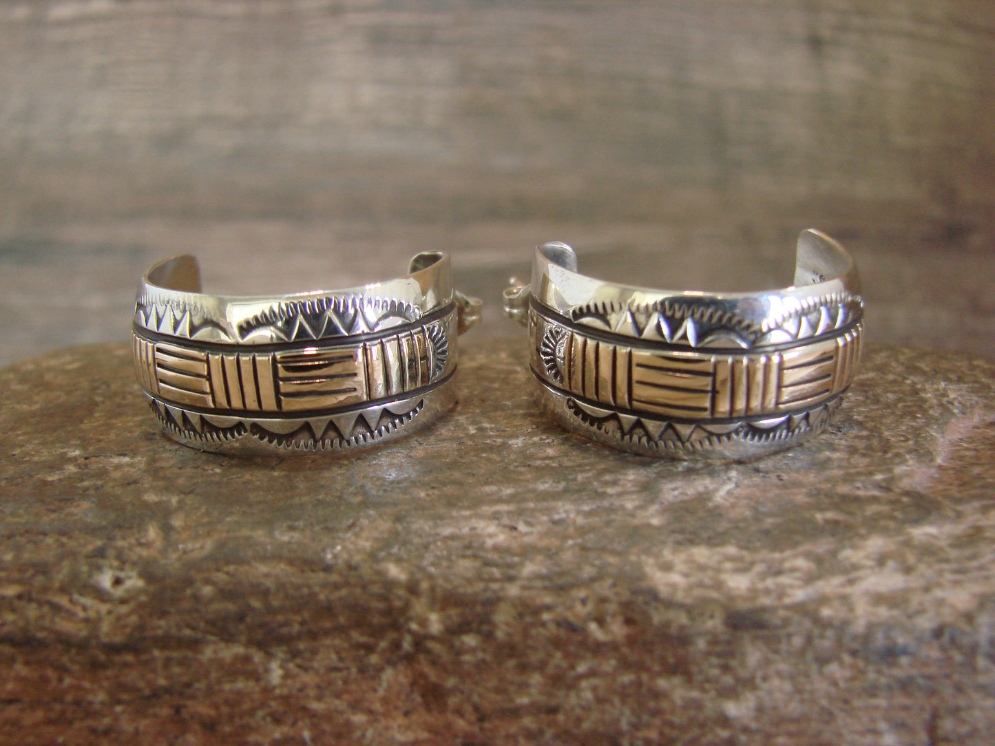 Navajo Sterling Silver & 14K Gold Half Hoop Earrings Signed Bruce Morgan