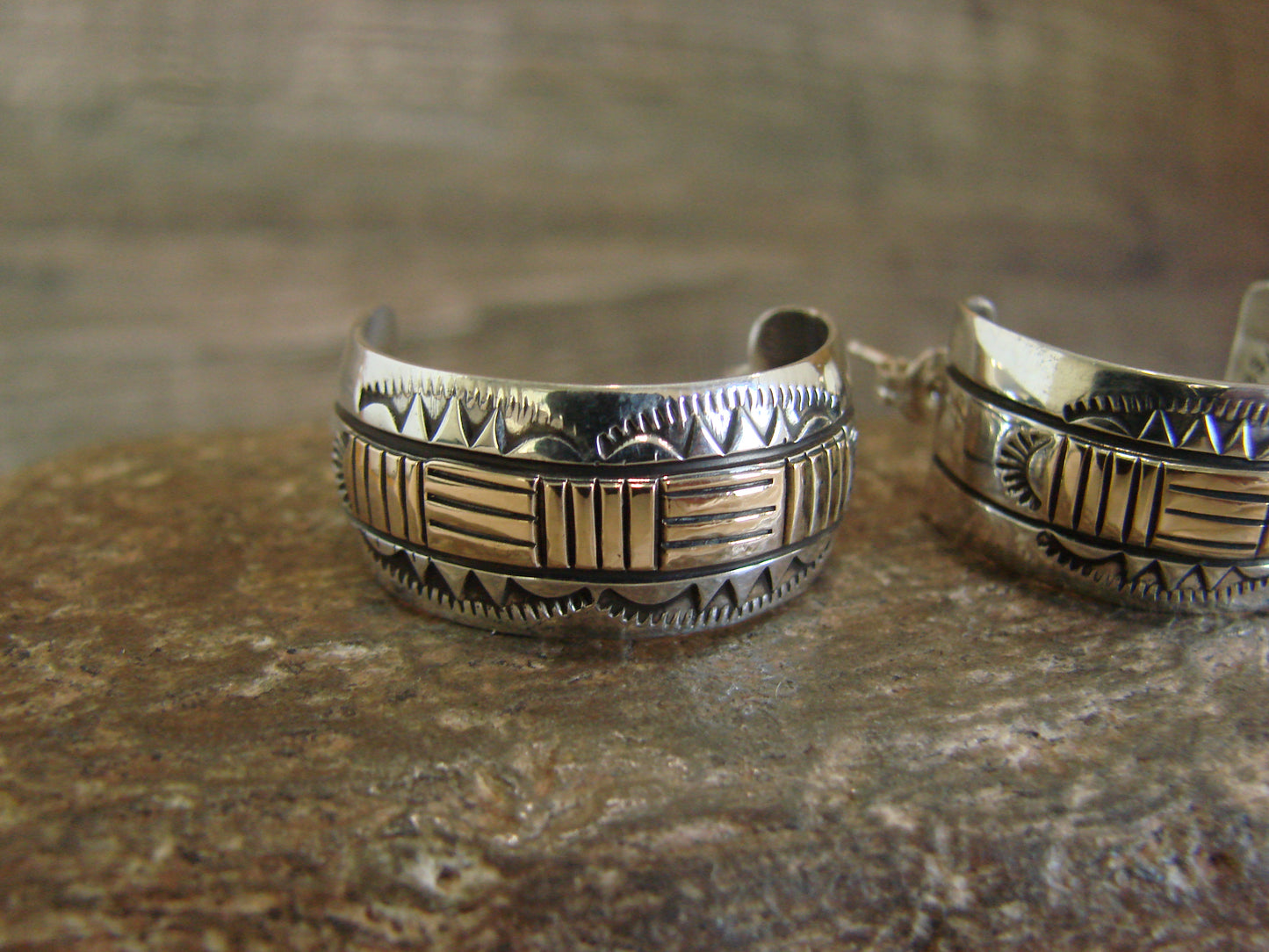 Navajo Sterling Silver & 14K Gold Half Hoop Earrings Signed Bruce Morgan