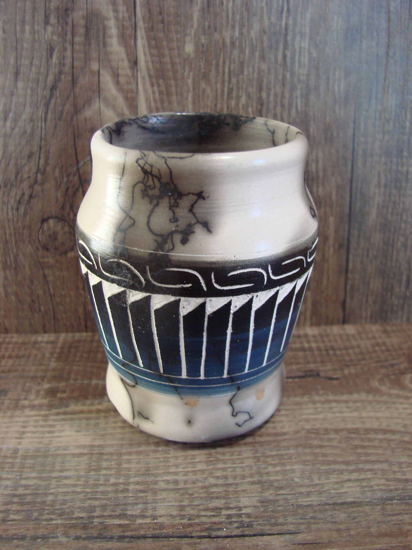 Small Native American Hand Etched Horse Hair Pottery - Benally