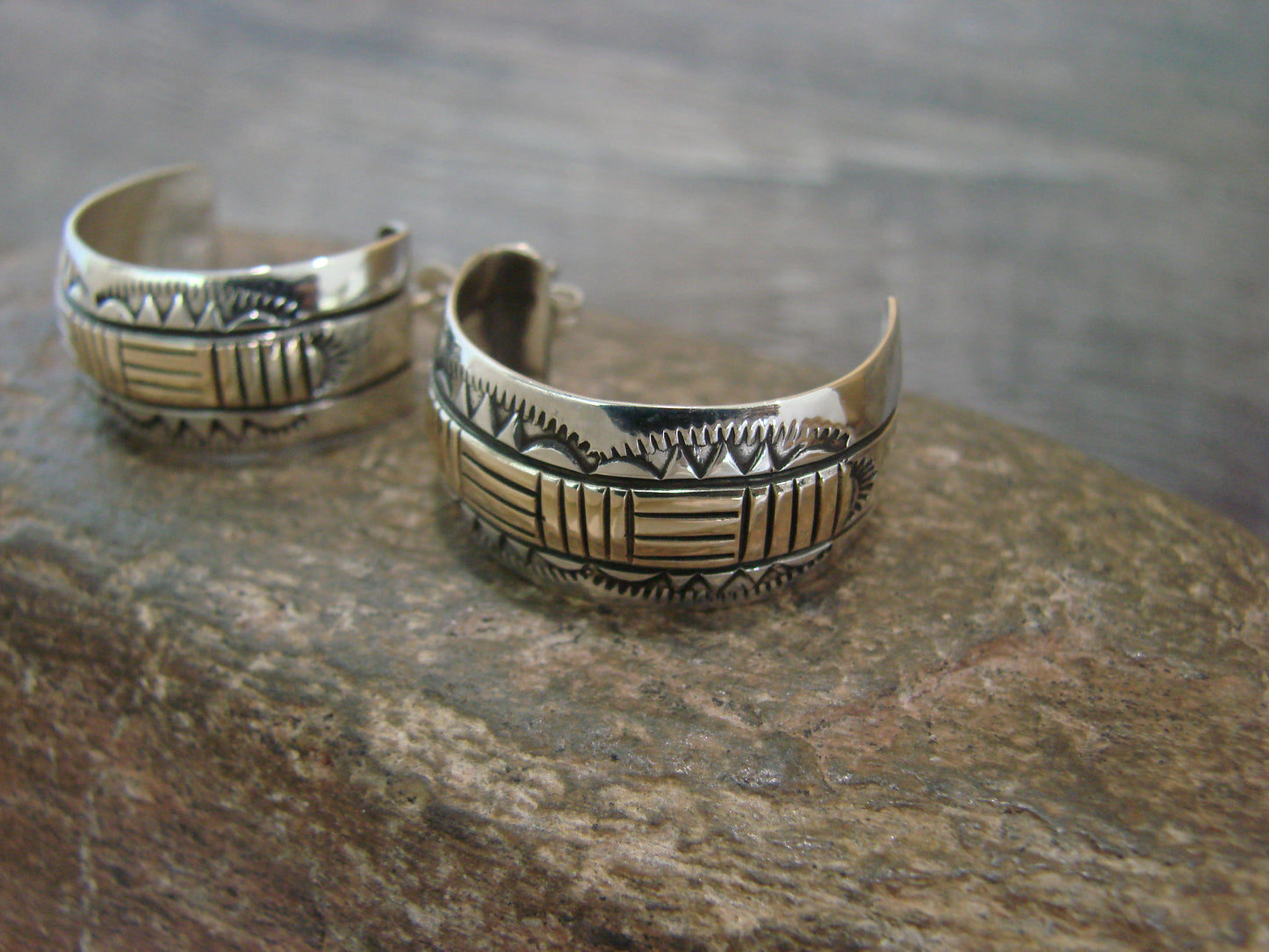 Navajo Sterling Silver & 14K Gold Half Hoop Earrings Signed Bruce Morgan