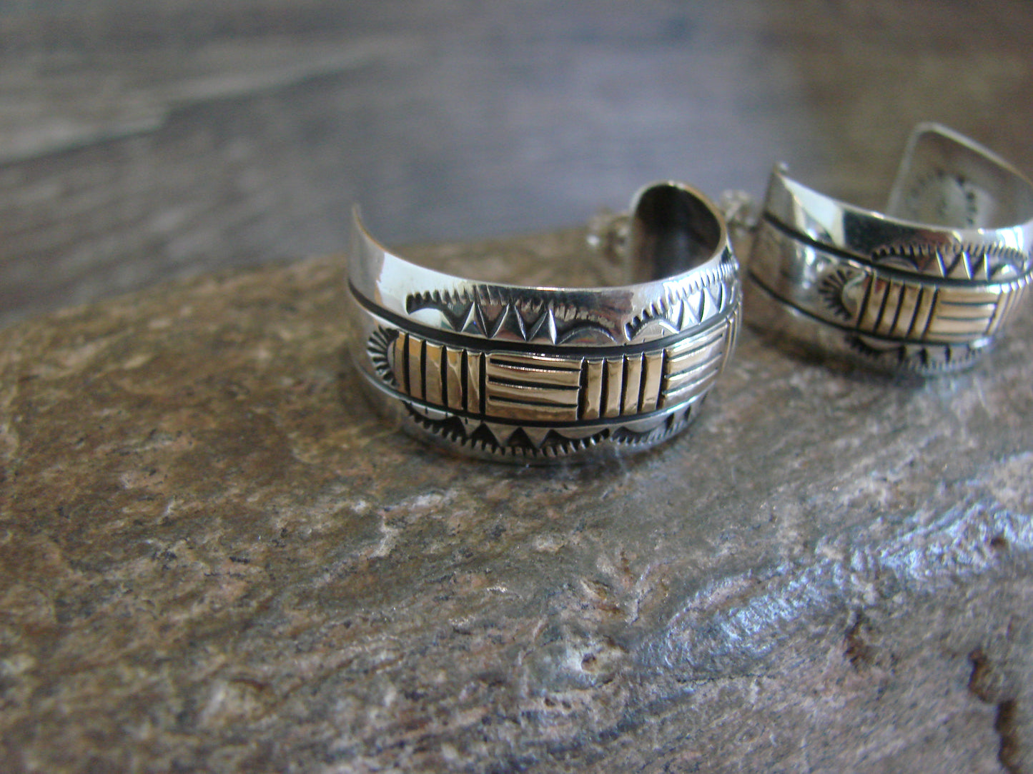 Navajo Sterling Silver & 14K Gold Half Hoop Earrings Signed Bruce Morgan