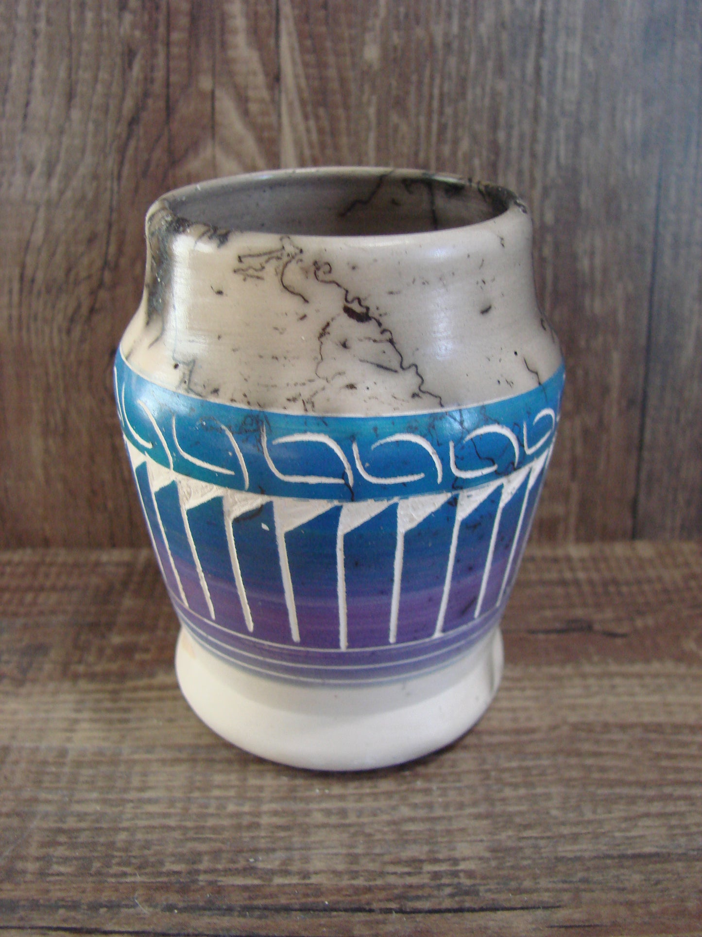 Small Native American Hand Etched Horse Hair Pottery - Benally