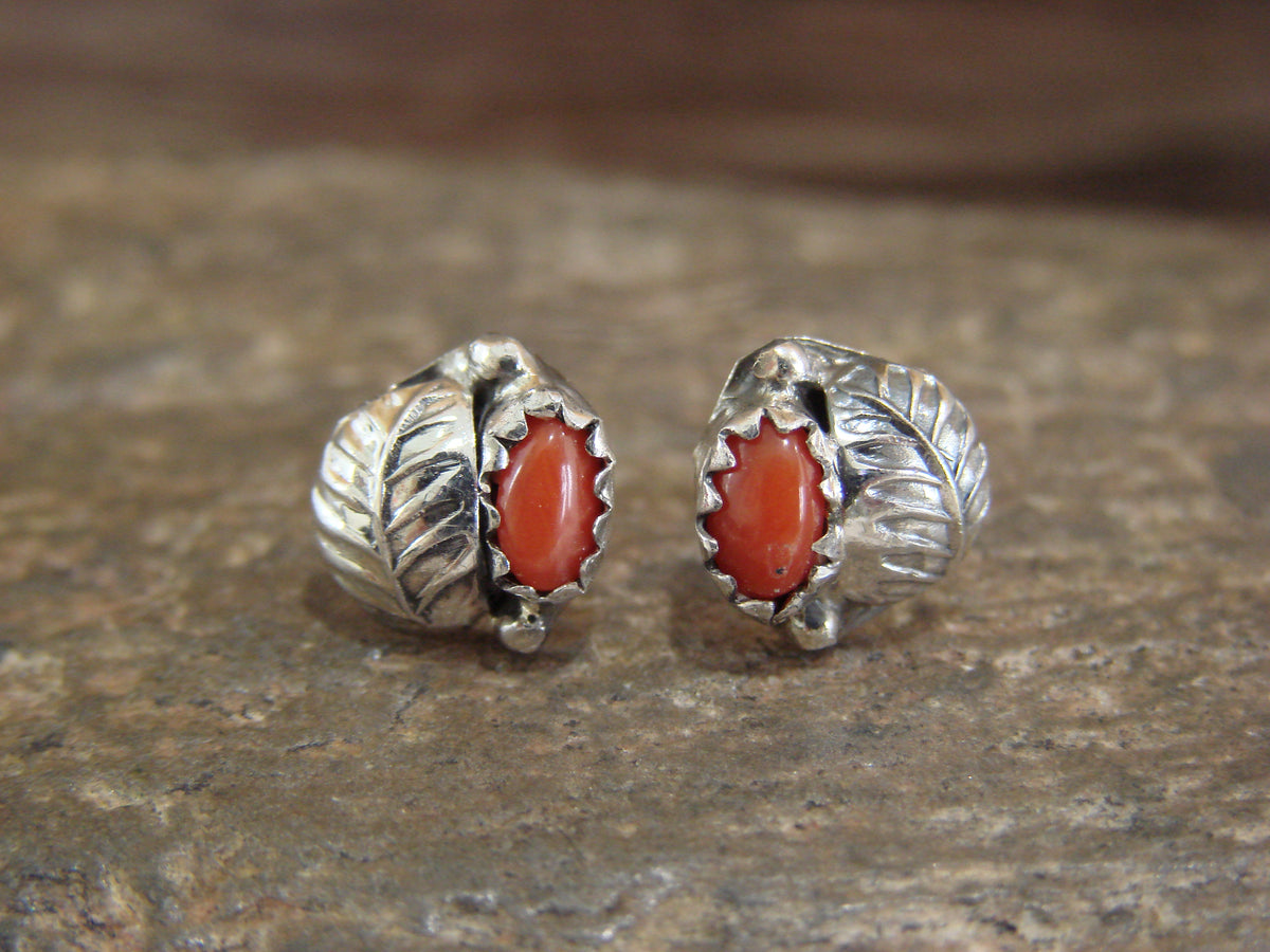 Native American Sterling Silver & Coral Feather Post Earrings by Joe