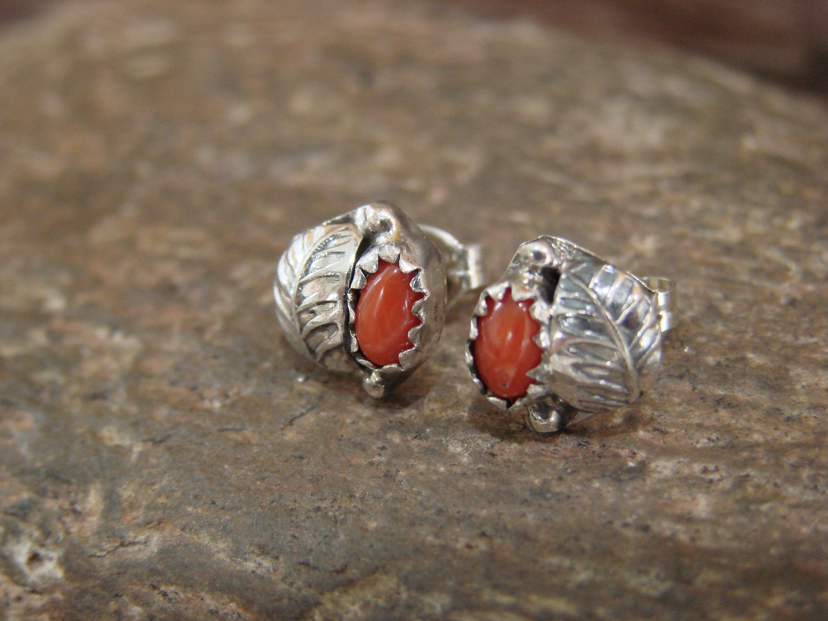 Native American Sterling Silver & Coral Feather Post Earrings by Joe
