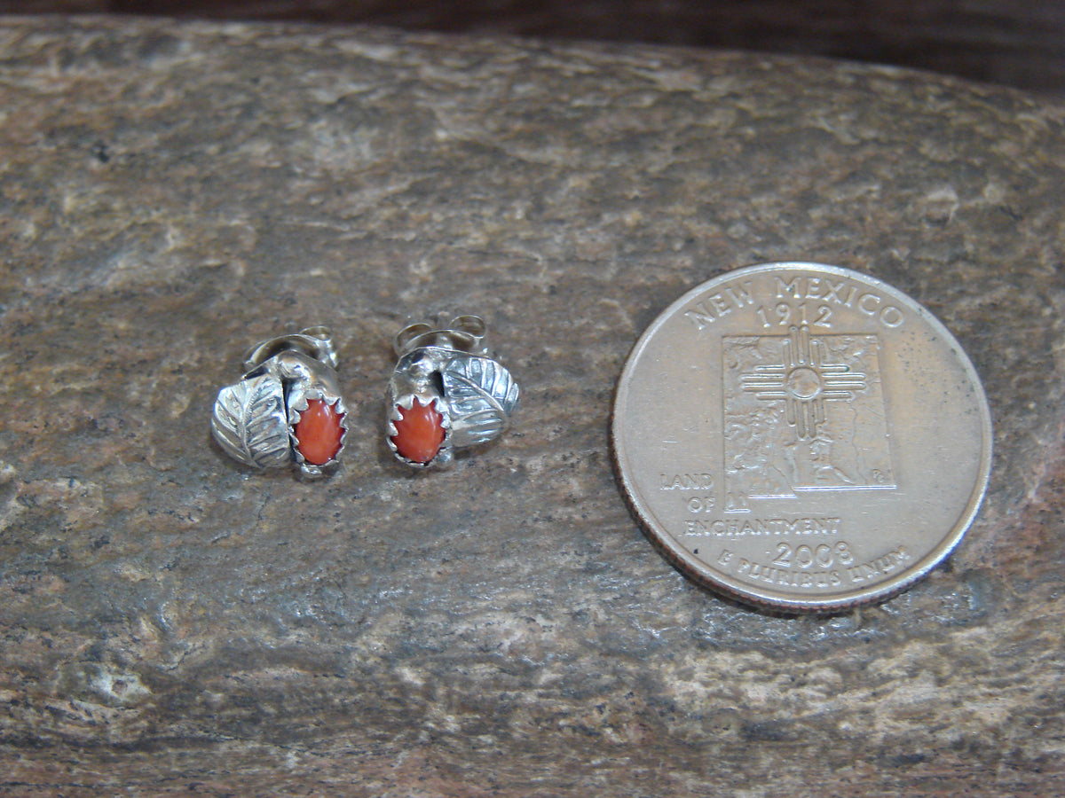 Native American Sterling Silver & Coral Feather Post Earrings by Joe