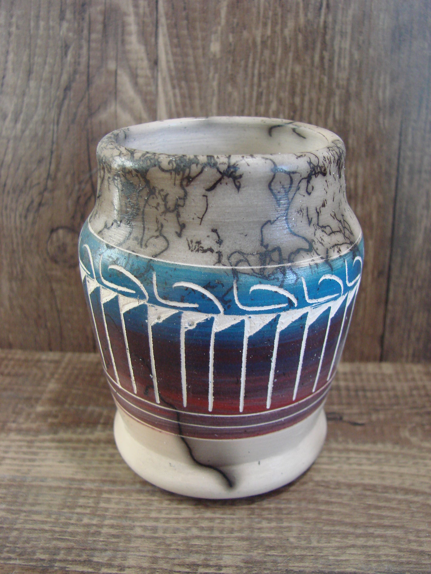 Small Native American Hand Etched Horse Hair Pottery - Benally