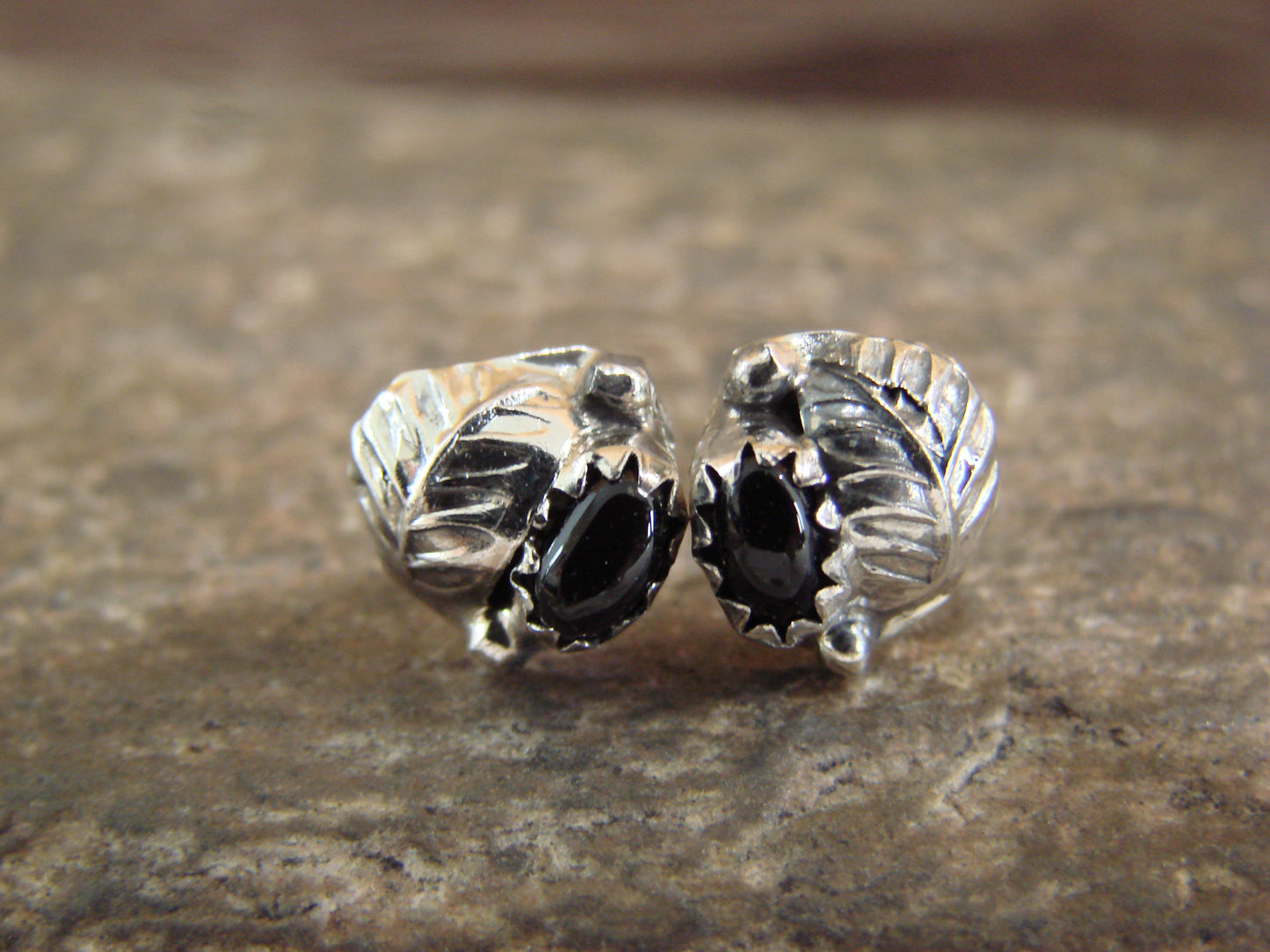 Native American Sterling Silver & Onyx Feather Post Earrings by Joe