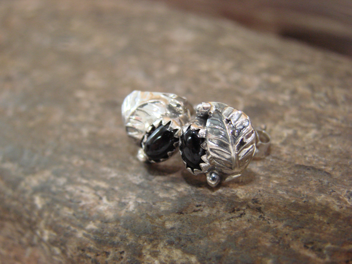Native American Sterling Silver & Onyx Feather Post Earrings by Joe