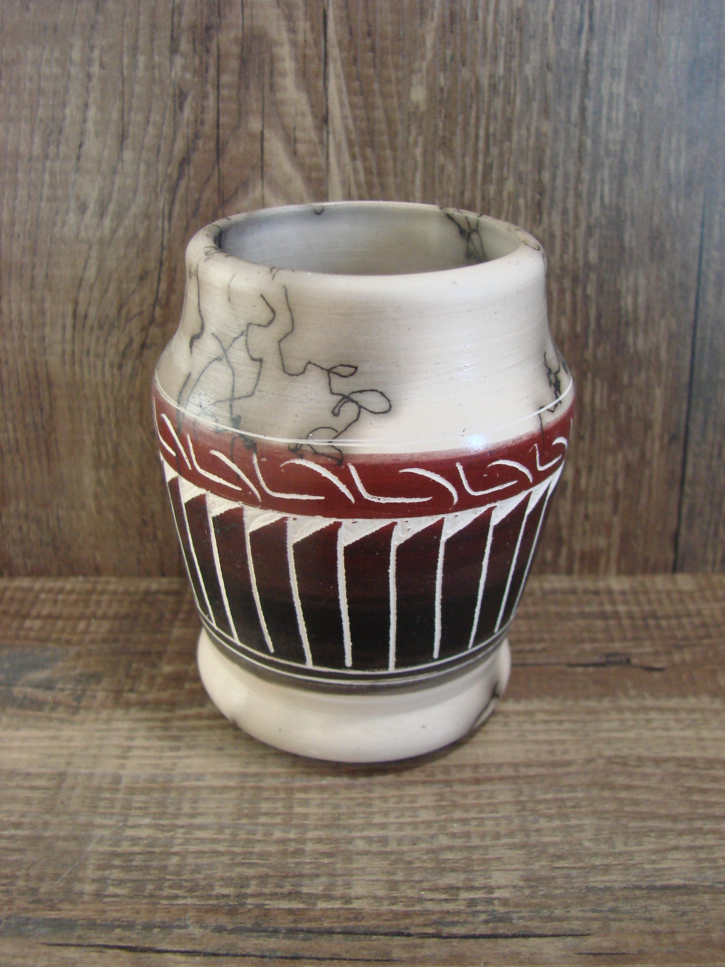 Small Native American Hand Etched Horse Hair Pottery - Benally