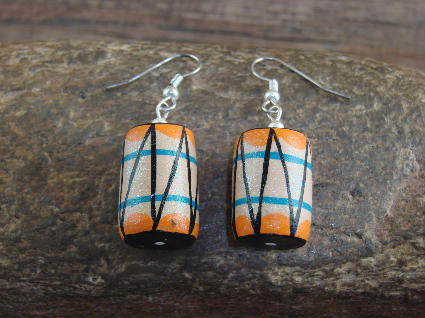 Native American Handmade & Handpainted Drum Clay Earrings by Chinana