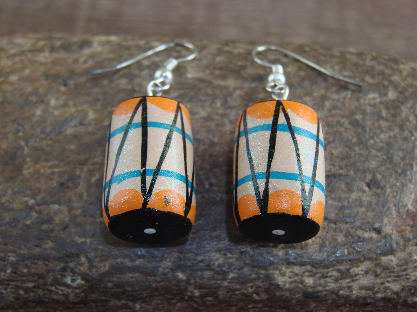 Native American Handmade & Handpainted Drum Clay Earrings by Chinana