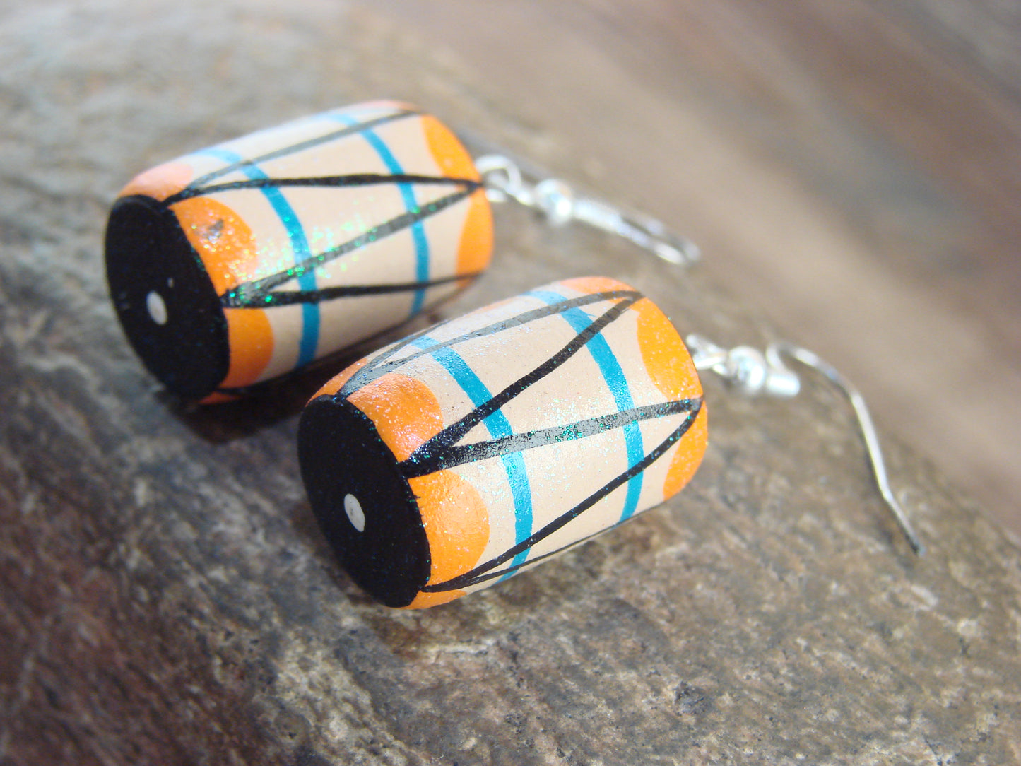 Native American Handmade & Handpainted Drum Clay Earrings by Chinana
