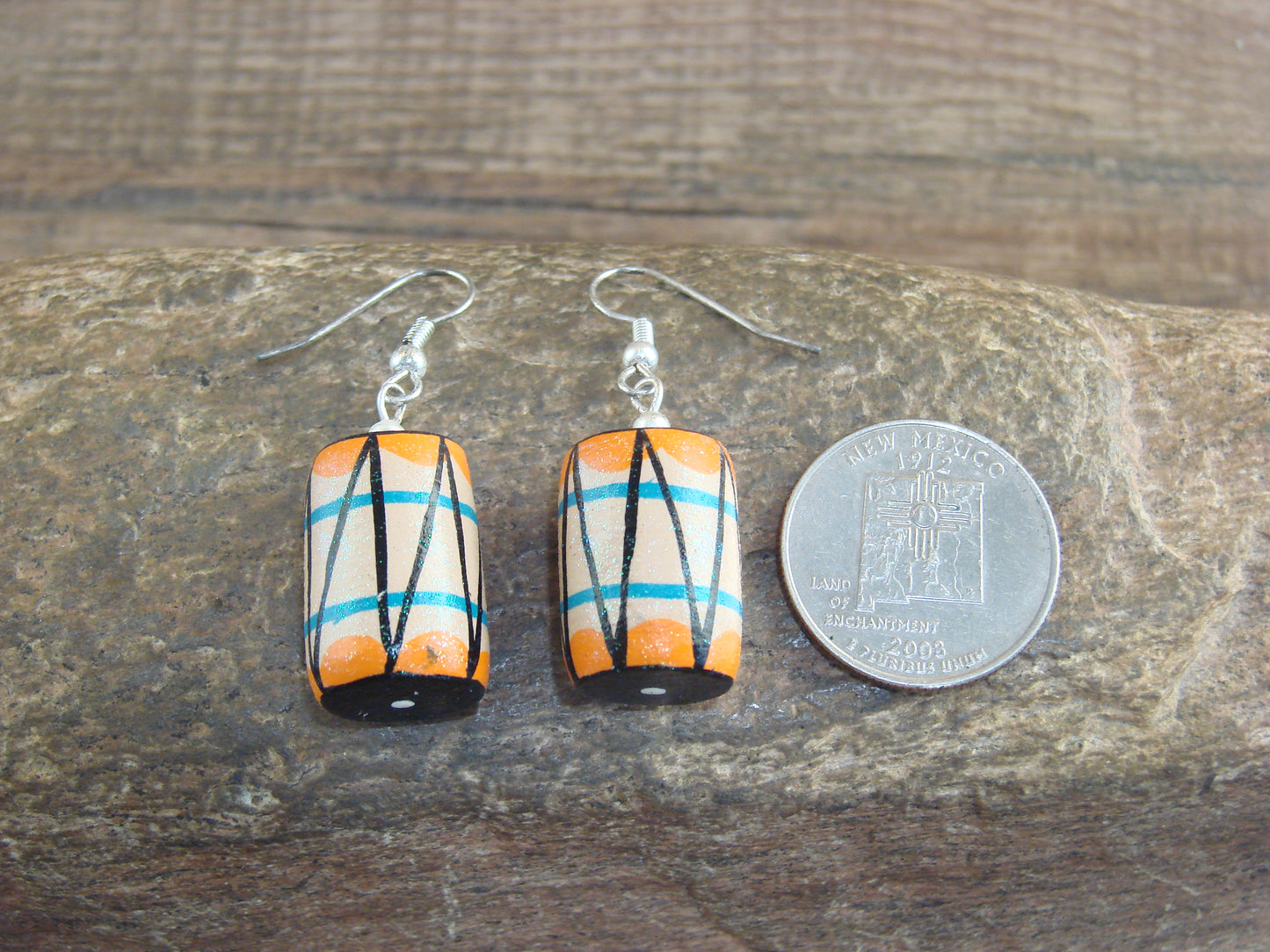 Native American Handmade & Handpainted Drum Clay Earrings by Chinana