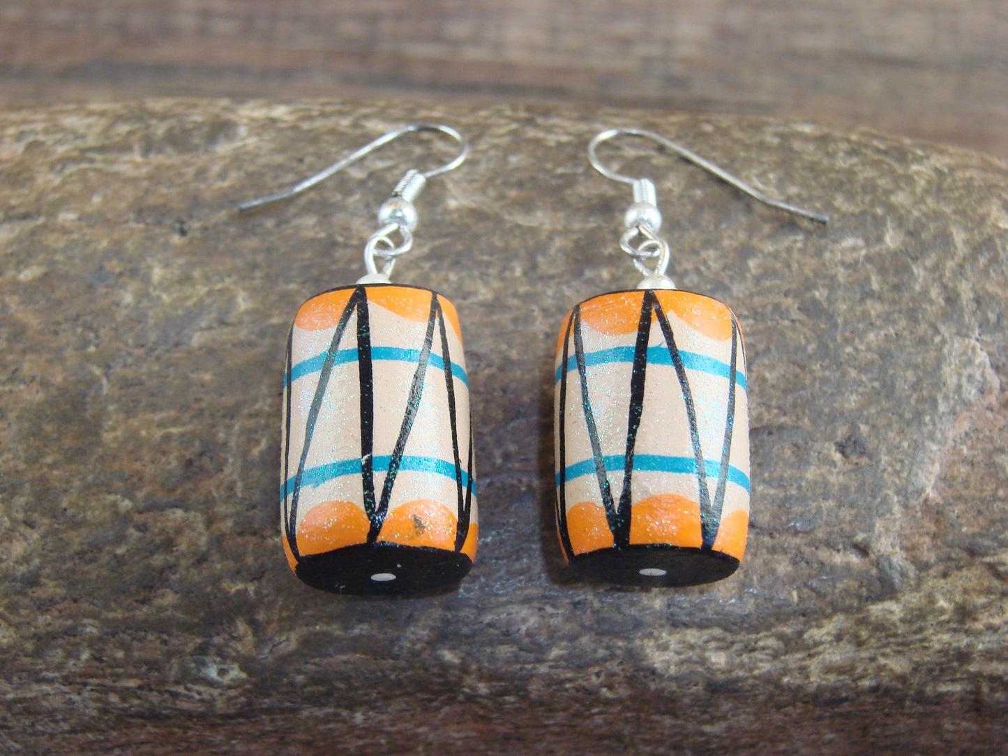 Native American Handmade & Handpainted Drum Clay Earrings by Chinana