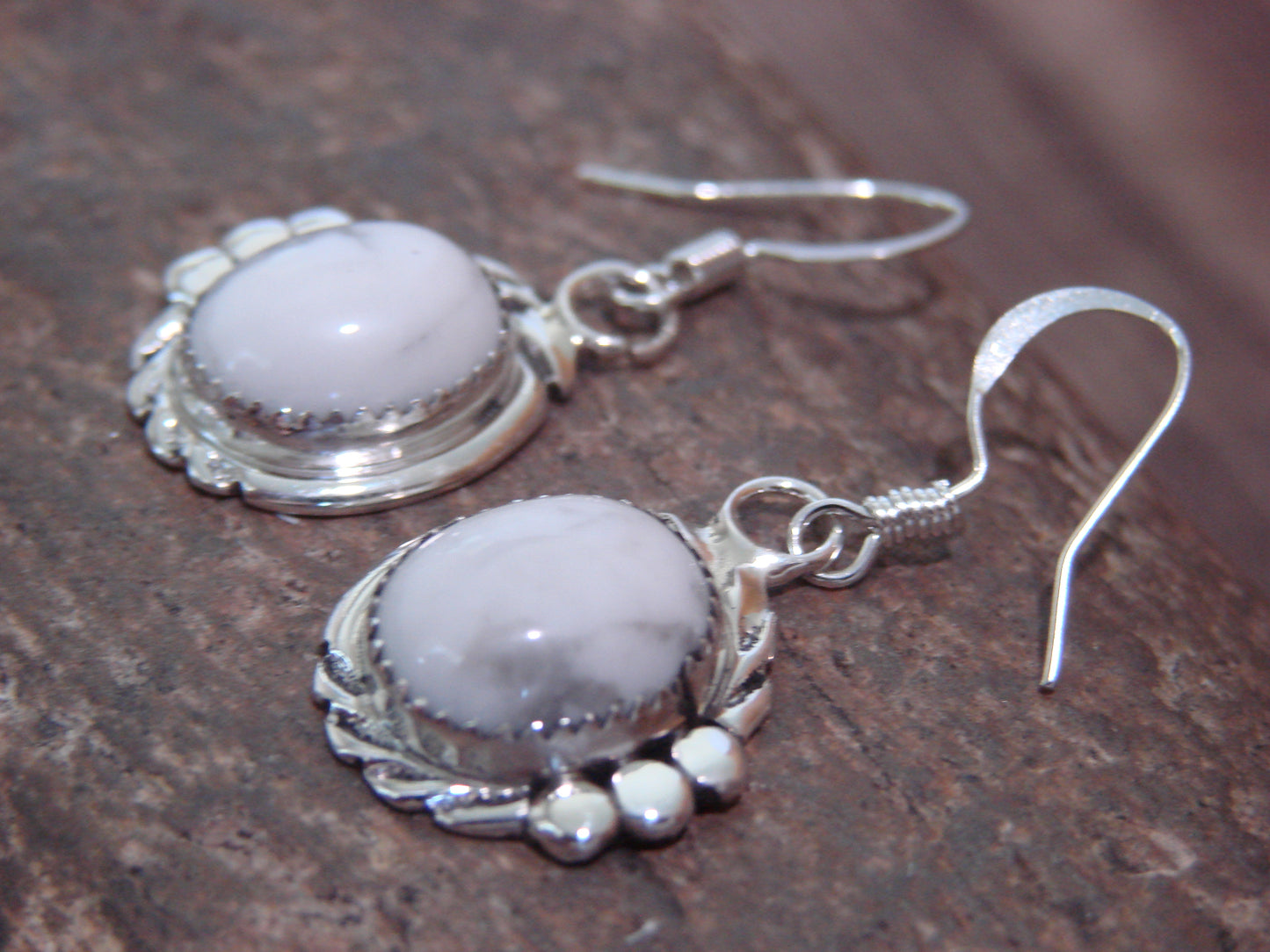 Navajo Indian Sterling Silver & Howlite Dangle Earrings by Delores Cadman