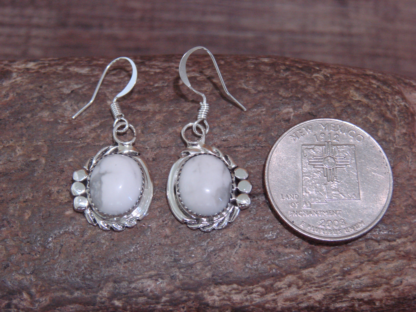 Navajo Indian Sterling Silver & Howlite Dangle Earrings by Delores Cadman