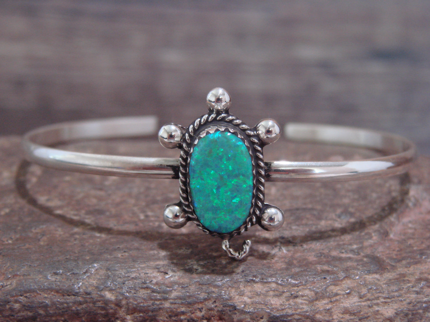 Native American Zuni Indian Sterling Silver & Green Opal Turtle Bracelet - Hustito