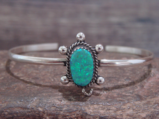 Native American Zuni Indian Sterling Silver & Green Opal Turtle Bracelet - Hustito