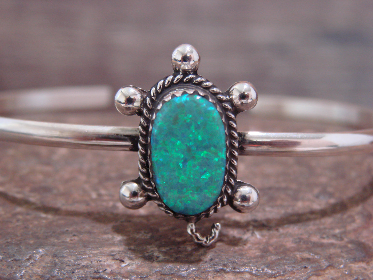 Native American Zuni Indian Sterling Silver & Green Opal Turtle Bracelet - Hustito