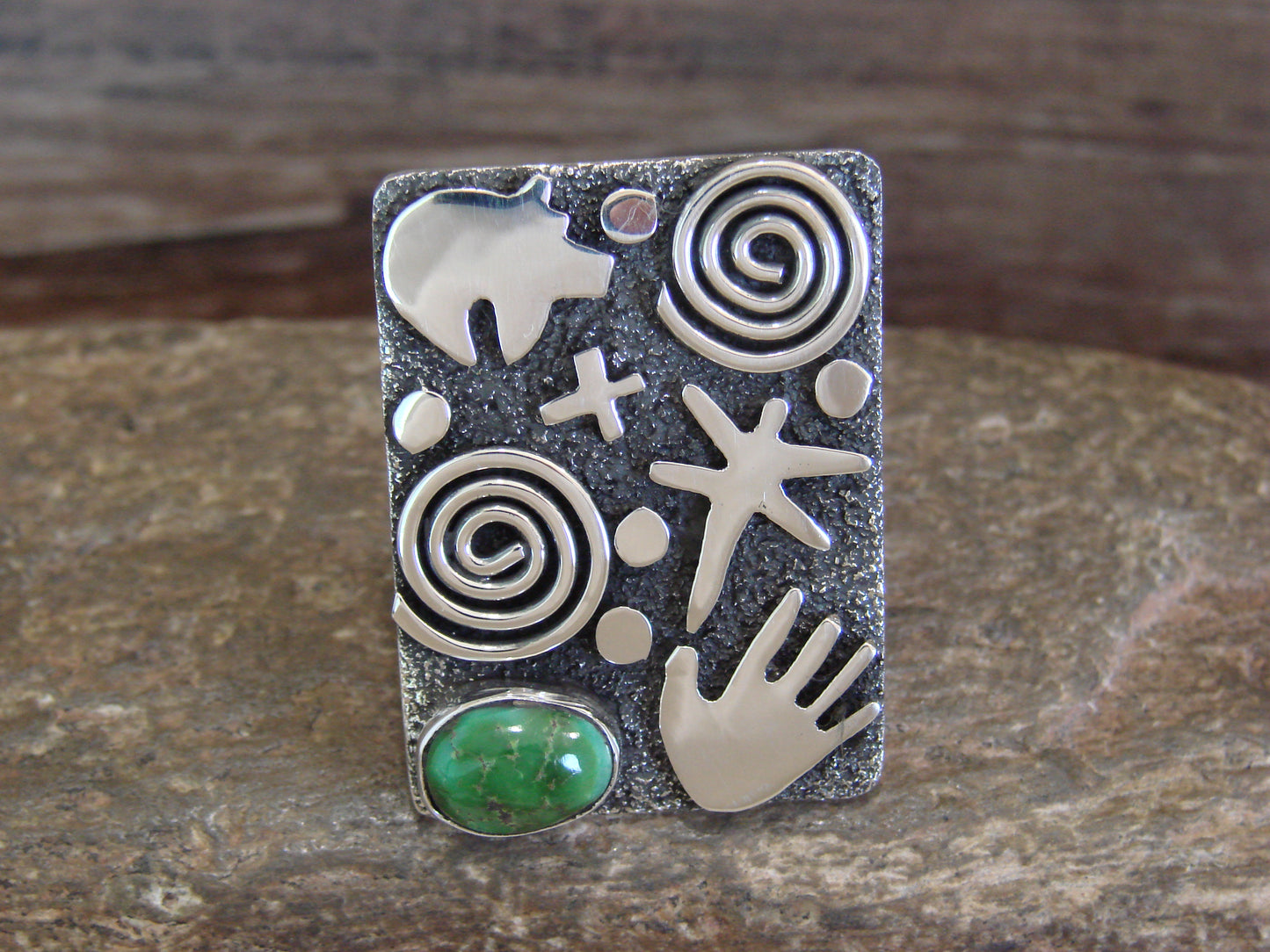 Navajo Sterling Silver & Turquoise Petroglyph Ring - Alex Sanchez Size 7.5