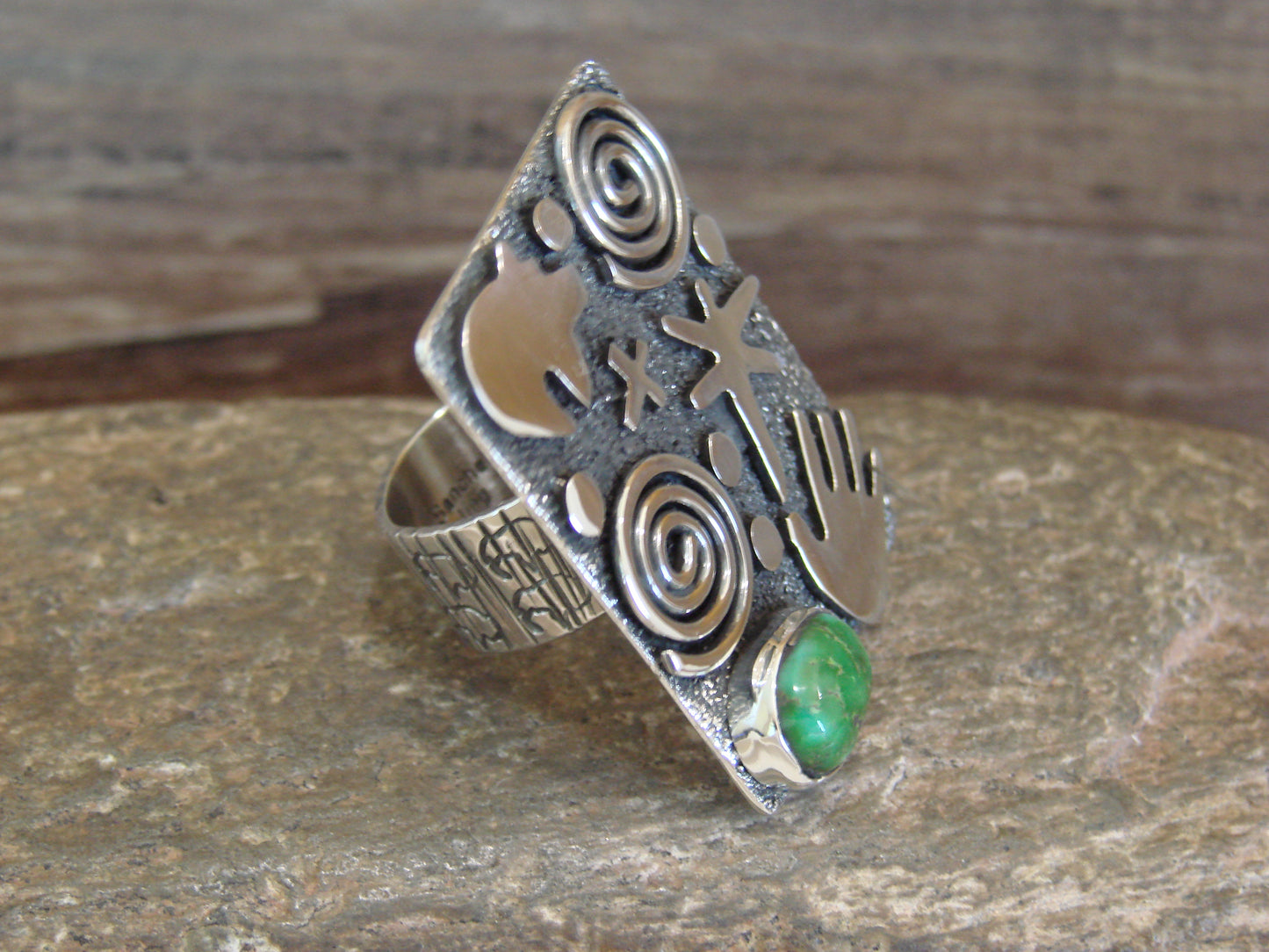 Navajo Sterling Silver & Turquoise Petroglyph Ring - Alex Sanchez Size 7.5
