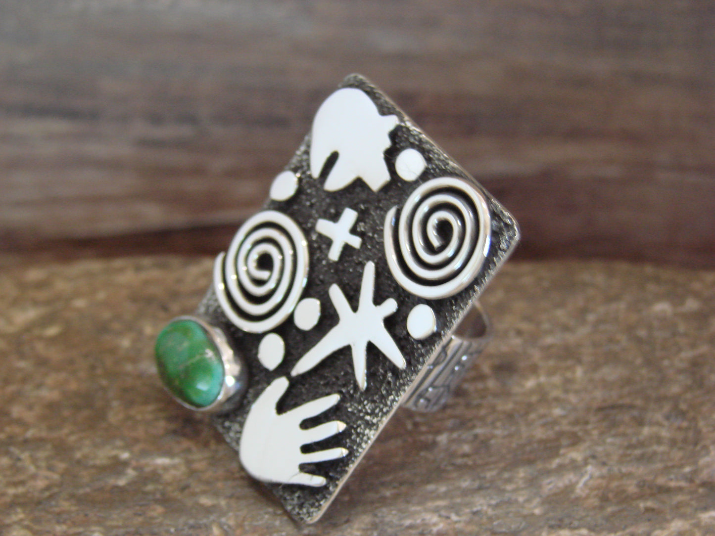 Navajo Sterling Silver & Turquoise Petroglyph Ring - Alex Sanchez Size 7.5